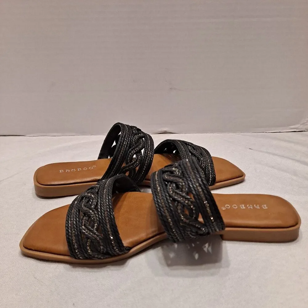 Bamboo Women's Braided Rhinestone Sandals Size 7 Black 2-Straps Slides